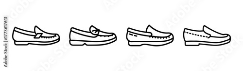 Four simple outline moccasins rowed together footwear design elements