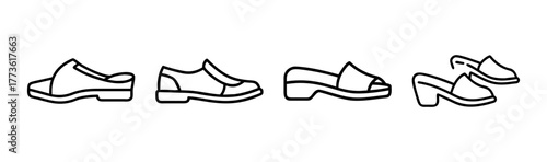 Collection of footwear styles including mules loafers and sandals in sketch style