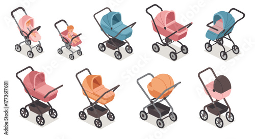 Isometric baby strollers and prams collection in various colors and styles