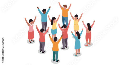 Diverse group of people celebrating together in isometric style
