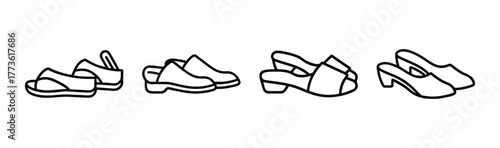 Collection of four distinct footwear styles including sandals mules clogs and heeled shoes in sketch format
