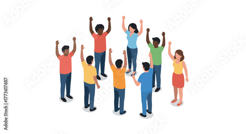 Diverse group celebrating unity in isometric style on white background