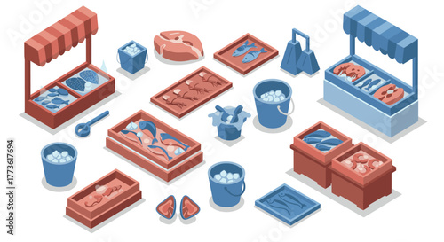 Sustainable seafood market stalls with fresh fish and shellfish in isometric design