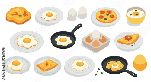 Delicious breakfast variety with eggs featuring omelettes, pancakes, and fried eggs in isometric style