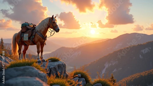 Majestic packhorse standing on a cliff overlooking a mountain valley at sunset with copy space