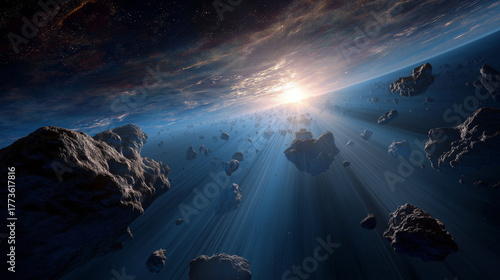 Massive asteroid belt with sunlight breaking through cosmic dust, cinematic wide view