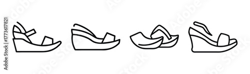 Collection of four distinct wedge sandal styles with simple line drawings for fashion design