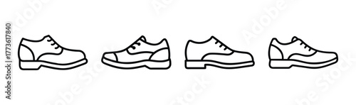 Line art representation of four classic oxford shoes displayed in sequence