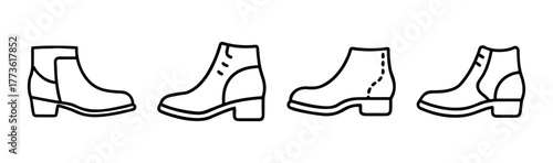 Four distinct styles of black and white sketch ankle boots with various heel heights