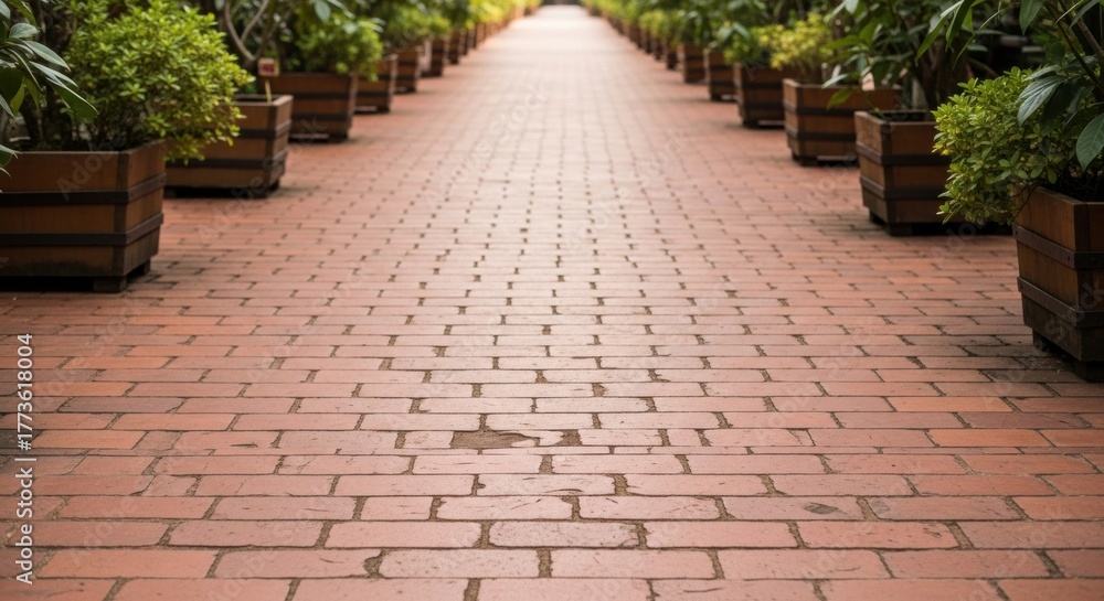 Fototapeta premium A long, straight red brick path leading into the distance, lined with lush green plants in wooden planters. A beautiful perspective for garden or travel concepts.