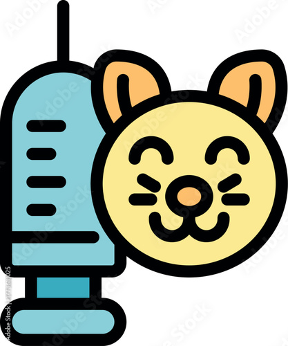 Happy cat face next to a syringe, representing pet vaccination and healthcare