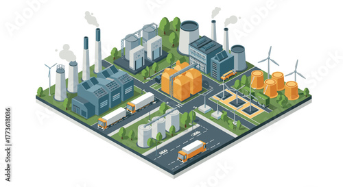 Isometric industrial cityscape with factories, wind turbines, and transportation