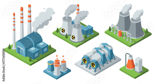 Isometric industrial power plant collection with cooling towers and pipelines