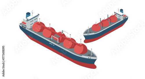 Isometric cargo ships with tanks on white background