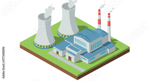 Isometric nuclear power plant with cooling towers on grass platform
