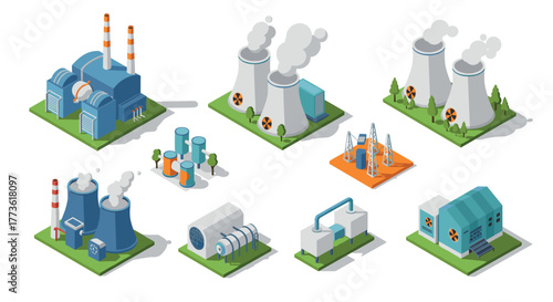 Set of isometric nuclear power plant and industrial facility elements for design projects