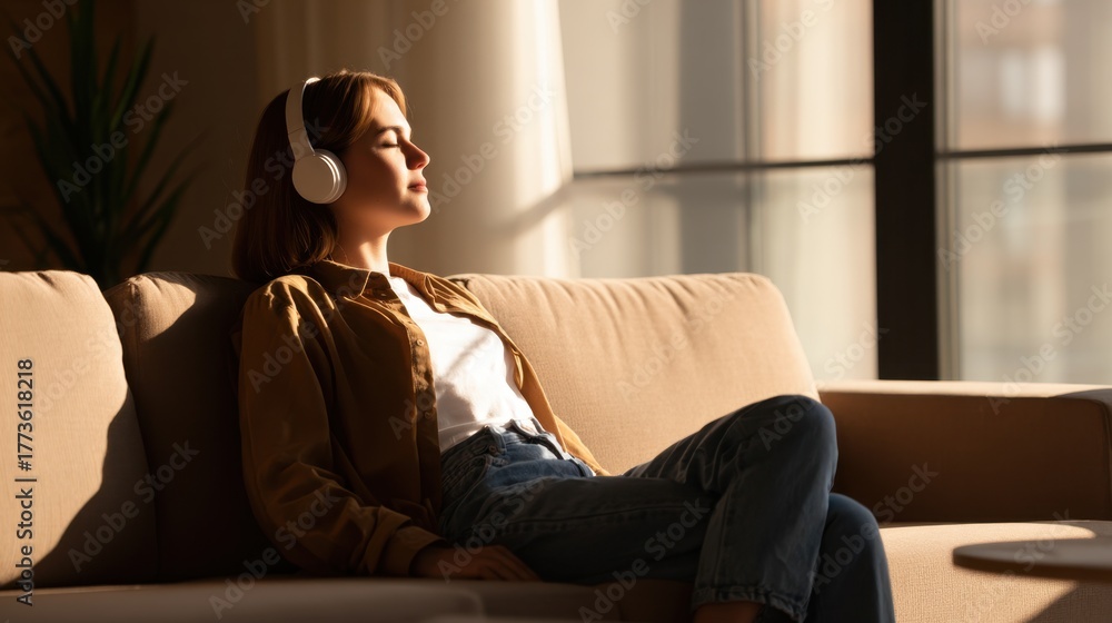 Fototapeta premium Young woman relaxing on a sofa with headphones, enjoying music in a sunlit living room