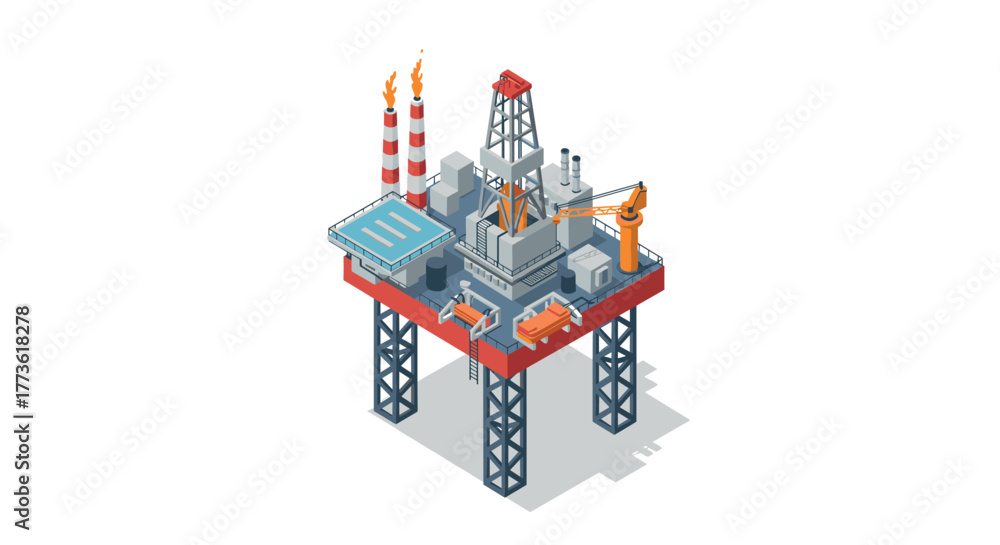 Obraz premium Offshore oil rig isometric design with helicopter pad and industrial equipment