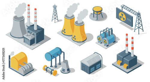 Isometric industrial icons set featuring factories and power plants