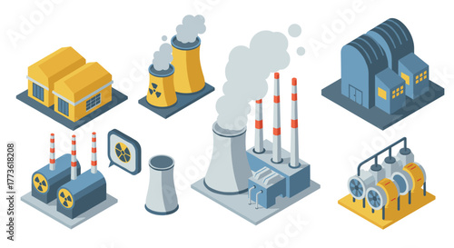 Isometric power plants and factories set with cooling towers and industrial buildings