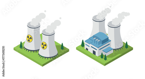 Isometric nuclear power plant with cooling towers and emission clouds