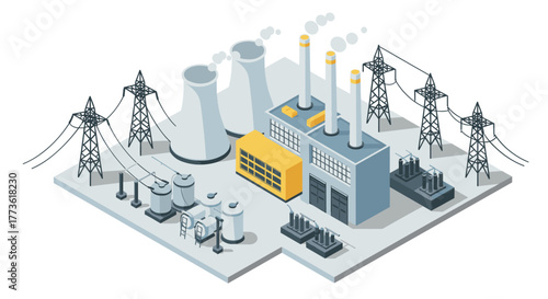 Isometric power plant and infrastructure elements with cooling towers and power lines