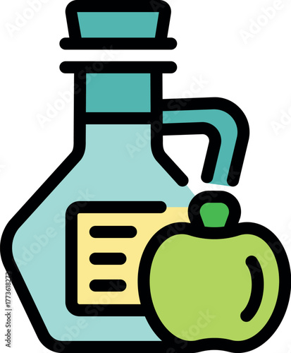 Glass jug of apple cider vinegar with label and fresh apple promoting healthy lifestyle