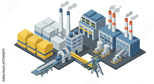 Isometric view of industrial plant with warehouse and conveyor belt