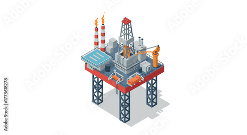 Offshore oil rig isometric design with helicopter pad and industrial equipment