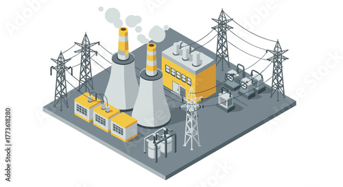 Modern isometric power plant with cooling towers and electrical grid connections