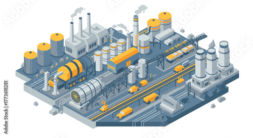 Isometric industrial landscape with factories and logistic elements in blue and yellow tones