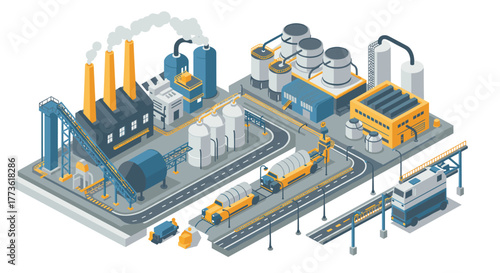 Isometric industrial complex with factories and logistics elements