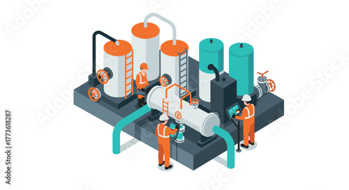 Industrial plant with engineers working on large machinery in isometric design