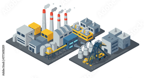 Industrial complex isometric design featuring factories, machinery, and modern architecture