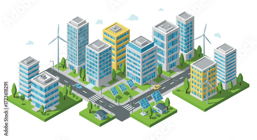 Sustainable smart city with solar panels and wind turbines in modern isometric design