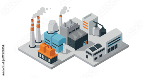 Isometric industrial complex with factories and warehouses