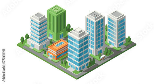 Isometric cityscape with modern office buildings and green spaces