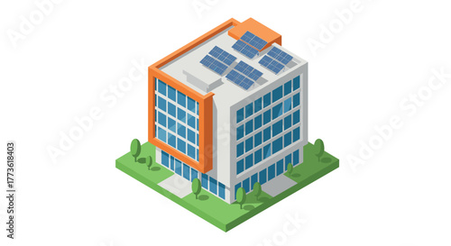 Modern isometric office building with solar panels and green landscape