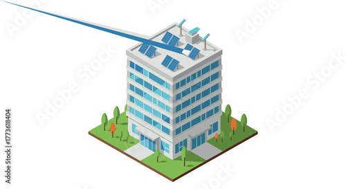 Modern eco-friendly isometric building with solar panels and green surroundings