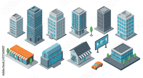 Isometric urban buildings and structures with trees and vehicles