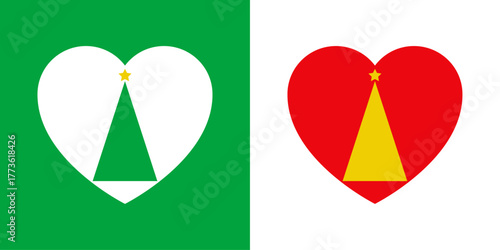 Logo con corazón y árbol de navidad con forma de triángulo y estrella para tarjetas y felicitaciones de Navidad