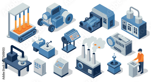 Isometric factory icons: industrial equipment and automation in blue and grey