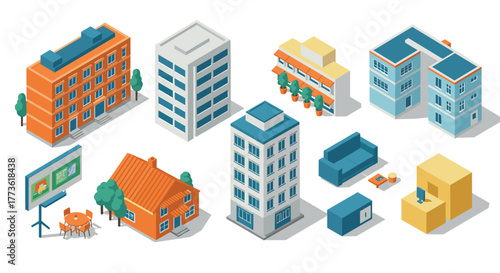 Colorful urban buildings in isometric style with furniture elements