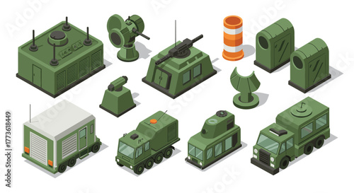 Isometric military equipment and vehicles collection on white background