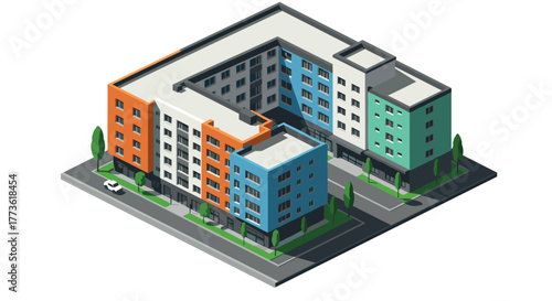 Modern residential apartment building in isometric perspective with colorful facades