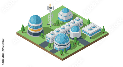 Modern isometric observatory complex with futuristic domes and towers