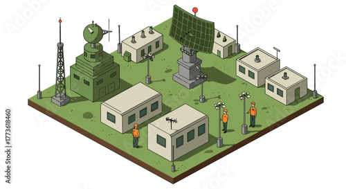 Isometric radar base with satellite, antennas, and technicians in a military site
