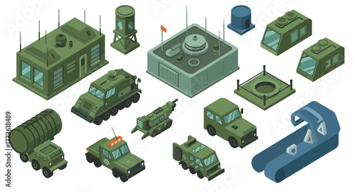 Isometric military base assets for game design and animation projects