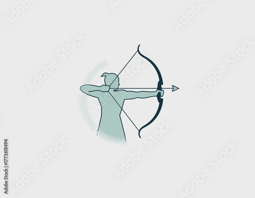 This artistic logo depicts an archer aiming with a bow, captured in a minimalist style, representing precision, focus, and determination in an inspiring manner.