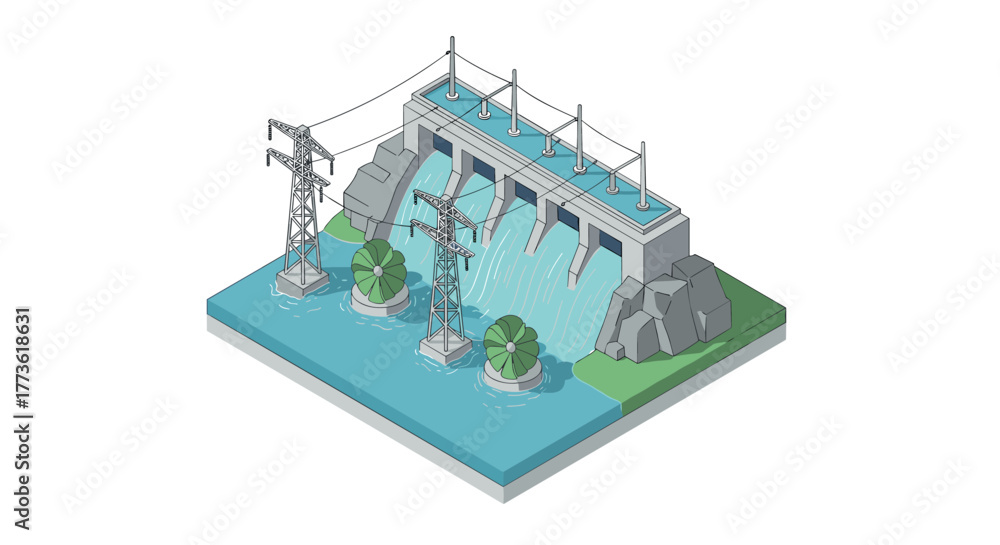 Naklejka premium Isometric hydroelectric power station with flowing water and turbines